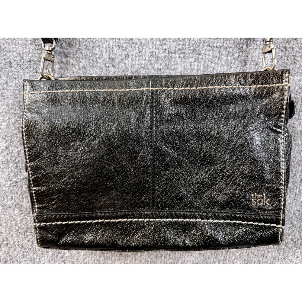 The Sak Black Leather Crossbody Bag Contrast 10x6.5" Antique Hardware Distressed